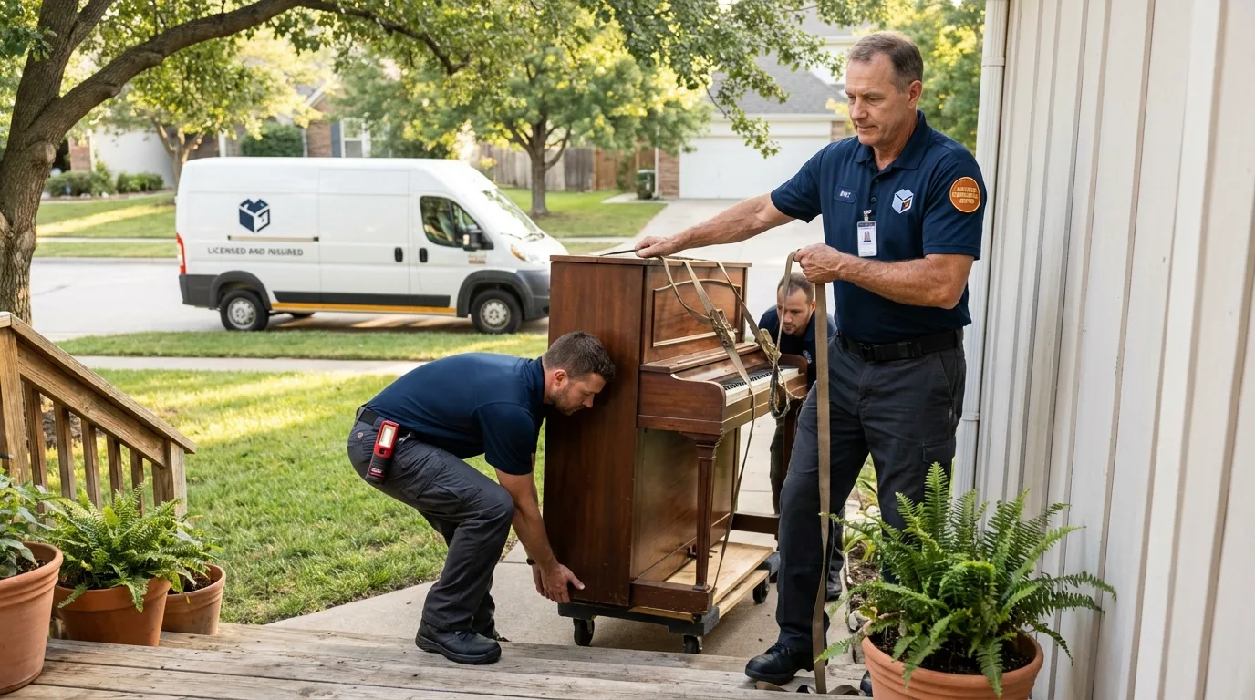 Licensed piano movers securing grand piano in Lone Pine, CA