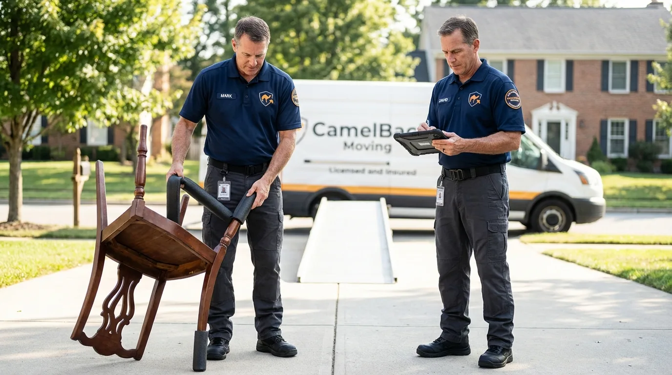 Movers inspecting furniture for damage prevention before loading in Lone Pine, CA